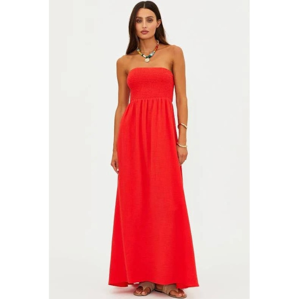Beach Riot Yula Dress Hot Haze Womens Medium Coral NEW Smocked Cutout Back Gauze